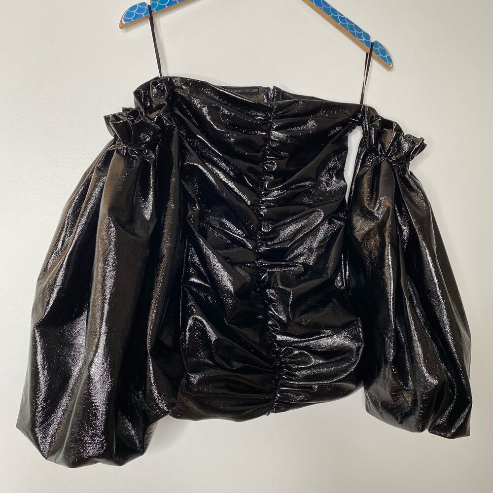 ROTATE BIRGER CHRISTENSEN Black Phoebe Vinyl Off Shoulder Mini Dress - Picture 3 of 10